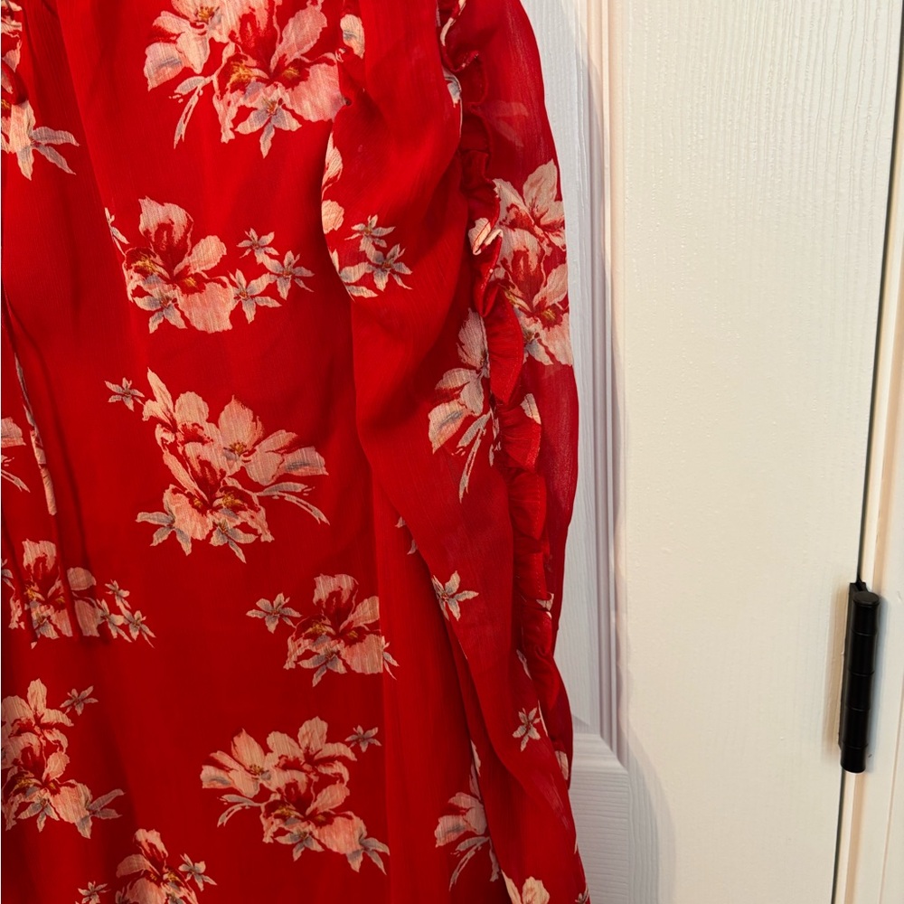 CeCe Red Floral Ruffle Tie Neck Sheer Blouse Size Large Romantic Boho Top - Picture 5 of 9